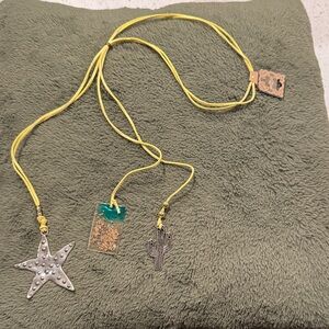 Handmade Yellow Leather Cord Necklace with Starfish and Cactus Charms